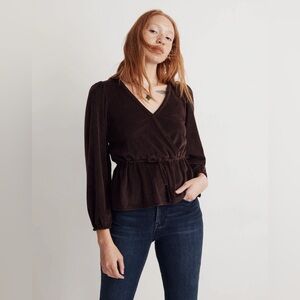 Madewell Corduroy Tie-Front Faux-Wrap Top in Spiced Raisin, Size XS